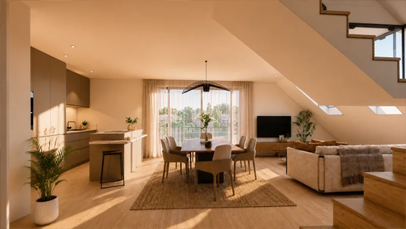 Duplex sous combles, séjour et escalier