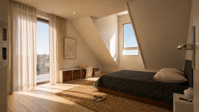 Chambre sous combles, lucarne et accès au balcon
